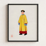 Framed Illustration Person Traditional Chinese Attire Vibrant Yellow Hardy Jowett, 1930s Spirituality, Qing Dynasty Manchu Fashion