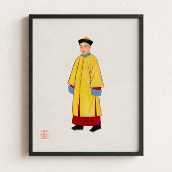 Framed Illustration Person Traditional Chinese Attire Vibrant Yellow Hardy Jowett, 1930s Spirituality, Qing Dynasty Manchu Fashion
