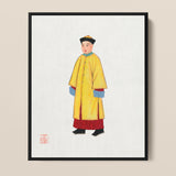 Framed Portrait Man Traditional Chinese Attire Vibrant Yellow Hardy Jowett, 1930s Spirituality, Qing Dynasty Manchu Fashion