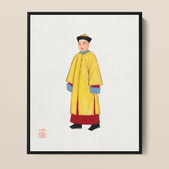 Framed Portrait Man Traditional Chinese Attire Vibrant Yellow Hardy Jowett, 1930s Spirituality, Qing Dynasty Manchu Fashion