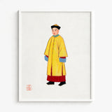 Framed Illustration Traditional Chinese Figure Vibrant Yellow Robe Hardy Jowett, 1930s Spirituality, Qing Dynasty Manchu Fashion