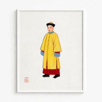 Framed Illustration Traditional Chinese Figure Vibrant Yellow Robe Hardy Jowett, 1930s Spirituality, Qing Dynasty Manchu Fashion
