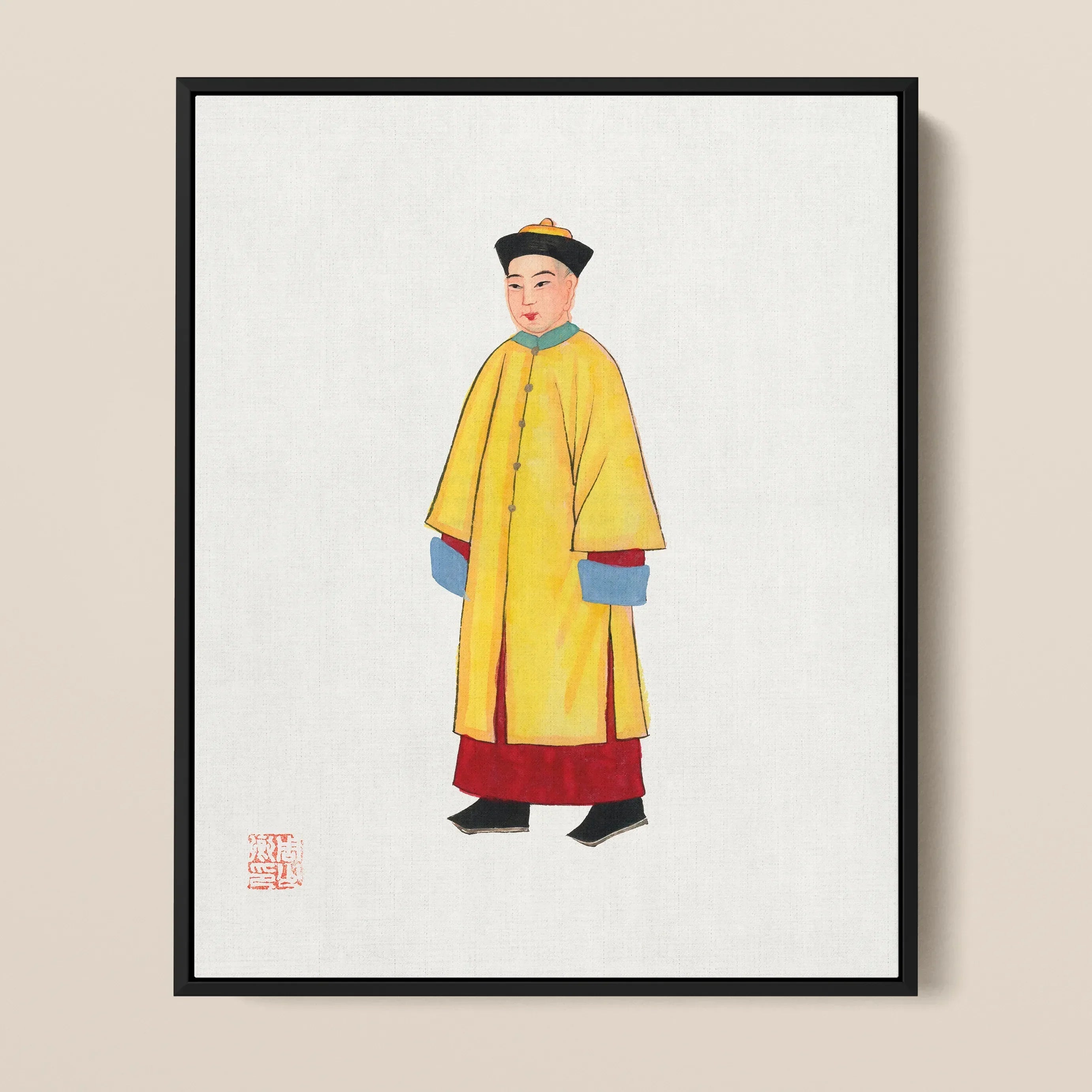 Priest Qing Dynasty Manchu Art Framed Canvas, Painting Figure Traditional Chinese Imperial Robes Hat