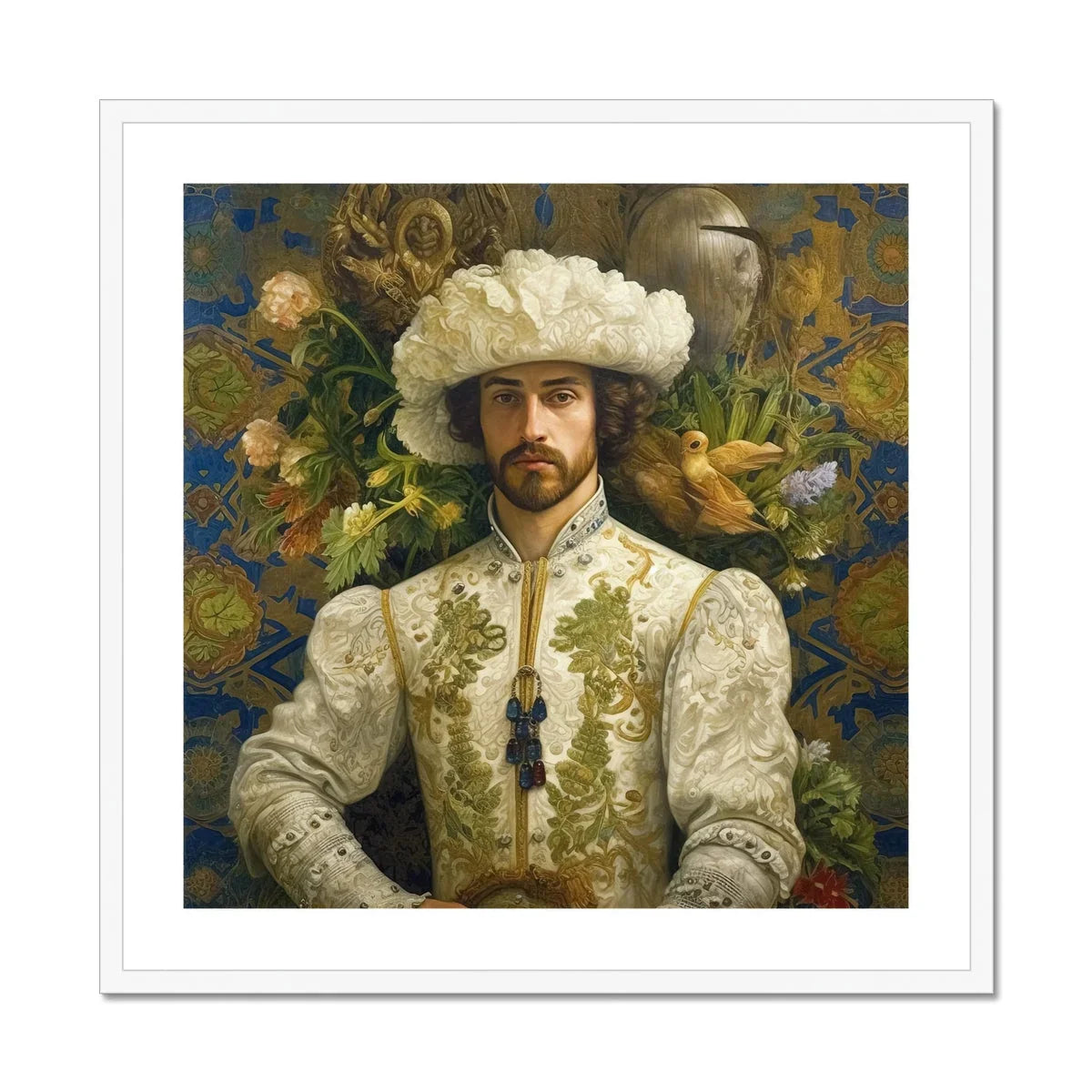 Prince Alfonso Gay Spanish Royalty Baroque Art Print, Portrait Figure Ornate White Gold Embroidered Costume Feathered