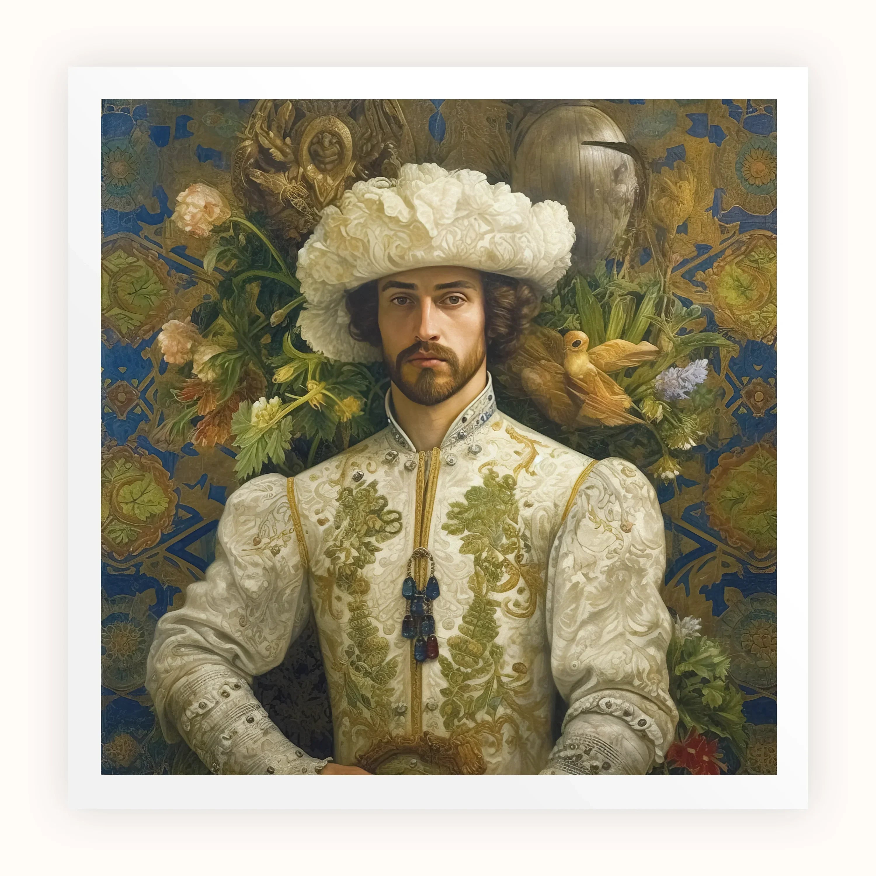 Prince Alfonso Gay Spanish Royalty Baroque Art Print, Portrait Person Ornate White Green Embroidered Doublet Feathered