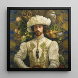 Prince Alfonso - Hispanic Gay Royalty Framed Canvas, 12x12’’ / 31x31cm / Black Floating Frame, Portrait Man Ornate White Costume Large