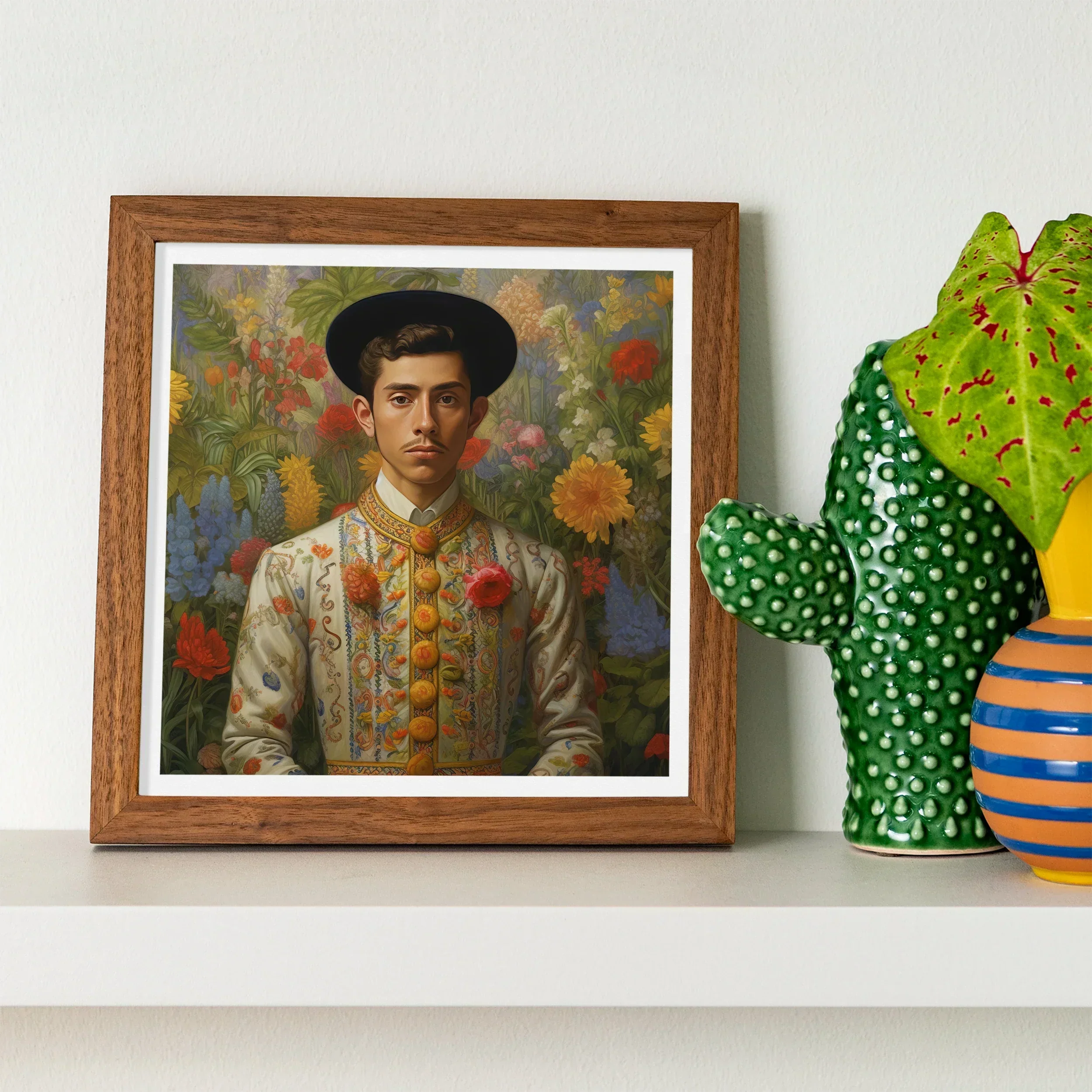 Prince Bernardino - Gay Mexican Royalty Art Print, Framed Portrait Painting Ornate Floral Background Decorative Period