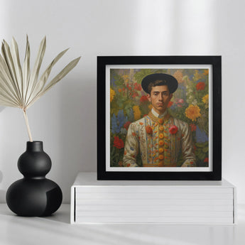 Prince Bernardino - Gay Mexican Royalty Art Print, Framed Portrait Young Man Ornate Clothing Surrounded Colorful