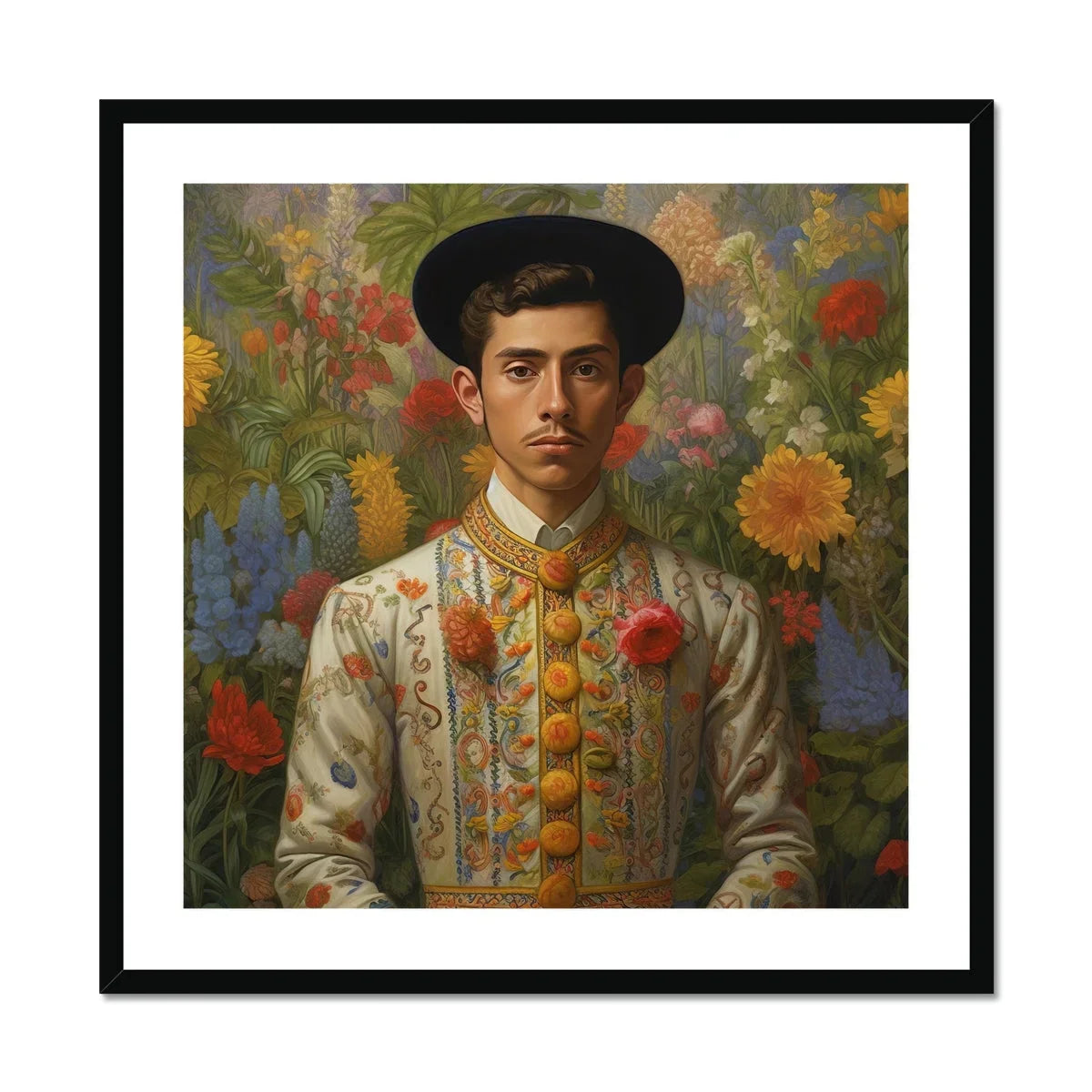 Prince Bernardino - Gay Mexican Royalty Art Print, Portrait Painting Figure Ornate Embroidered White Jacket Black