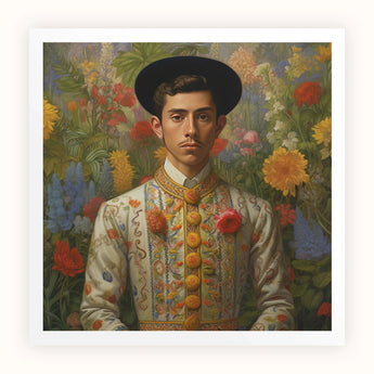 Prince Bernardino - Gay Mexican Royalty Art Print, Portrait Painting Person Traditional Embroidered White Jacket Black