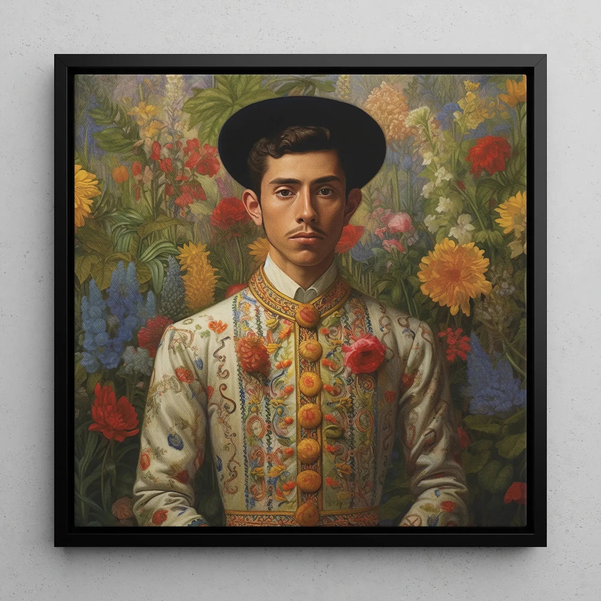 Prince Bernardino - Gay Mexican Royalty Queerart Canvas - 16’x16’ / Black Frame / White Wrap - Posters Prints &