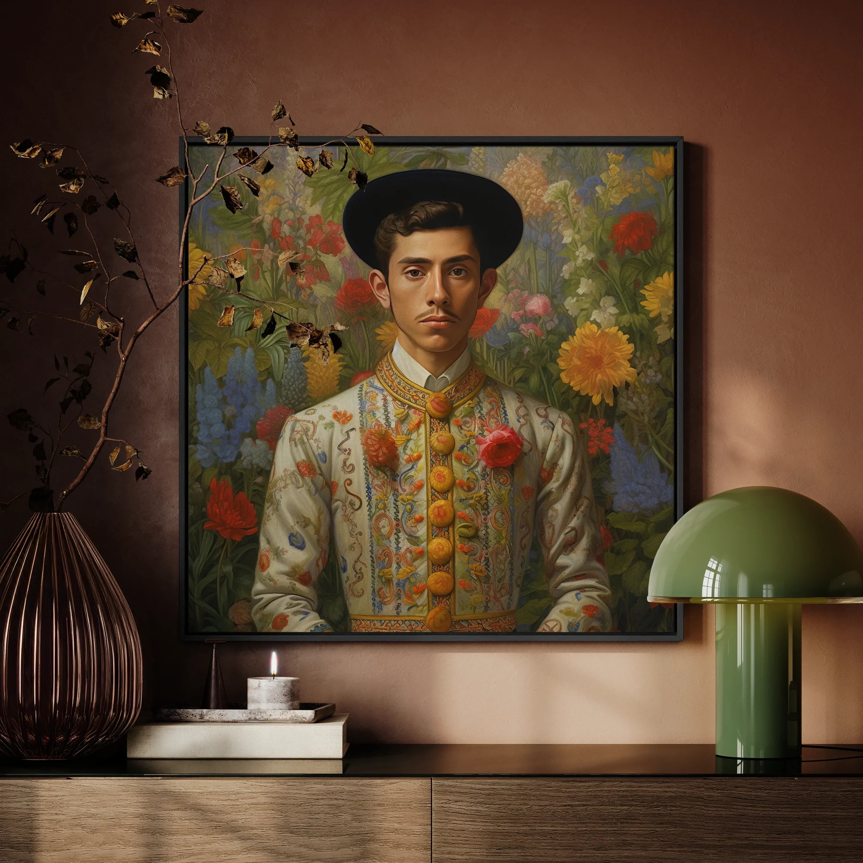 Prince Bernardino Mexican Gay Royalty Framed Canvas, Portrait Painting Young Man Ornate Traditional Attire Floral