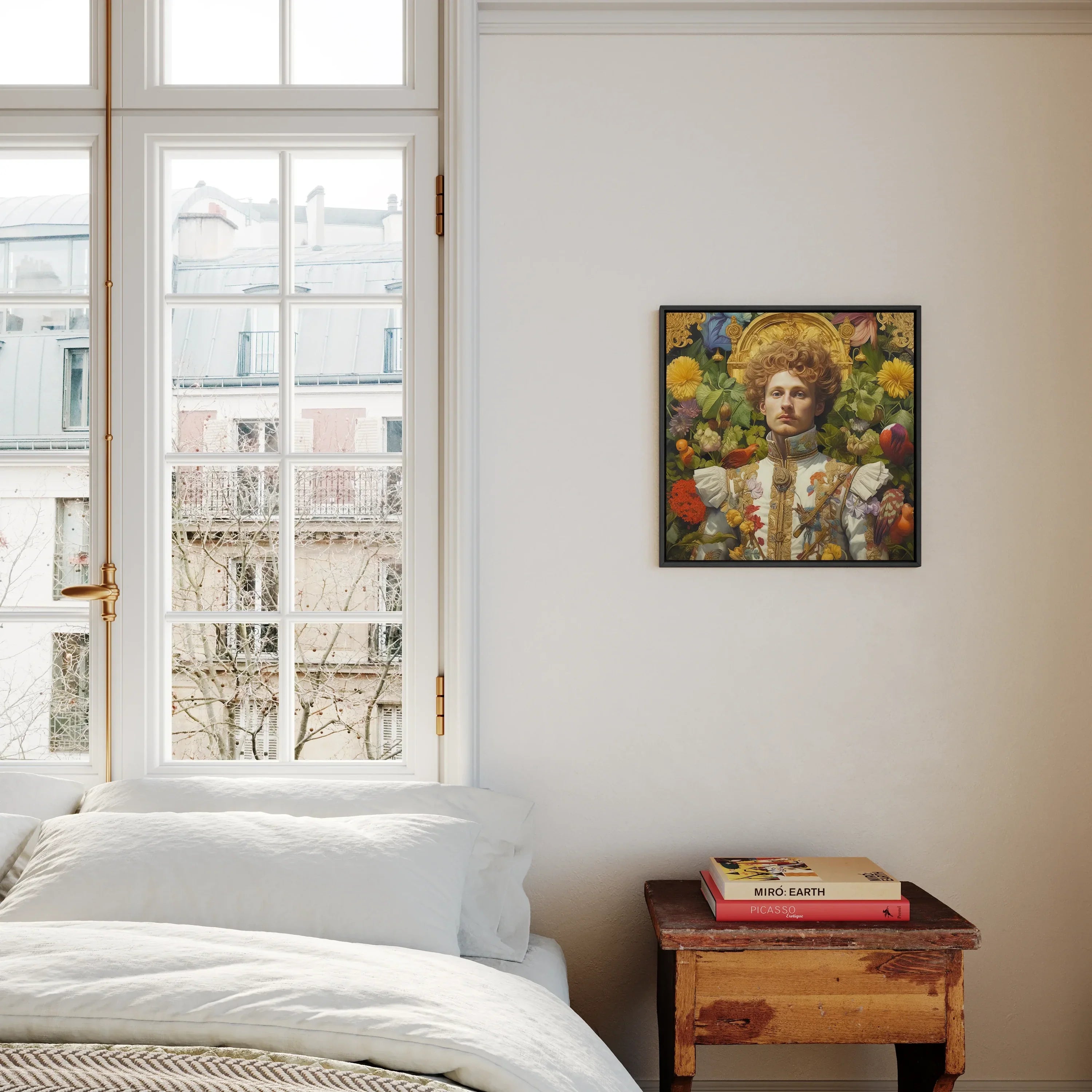 Prince Carlisle - English Gay Royalty Framed Canvas, Bedroom White Bed Window Framed Artwork Wall