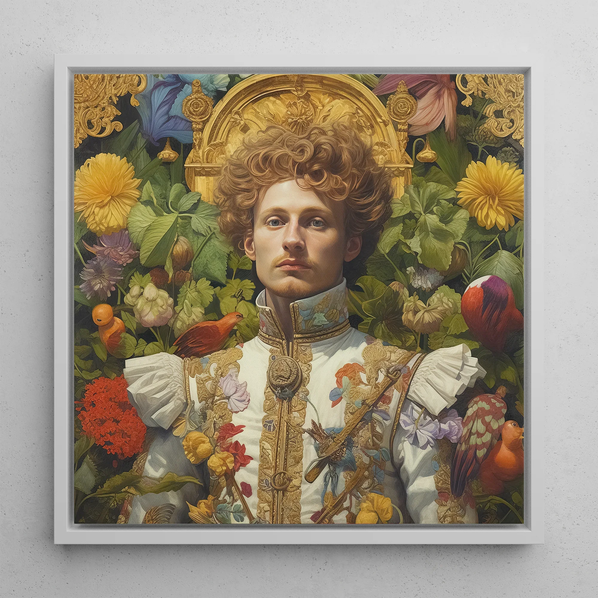 Prince Carlisle - English Gay Royalty Framed Canvas, Framed Portrait Man Surrounded Flowers Birds