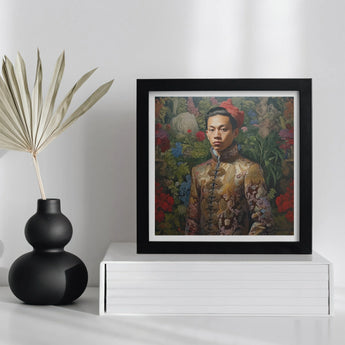 Prince Chakri - Gaysian Thai Royalty Art Print, Framed Portrait Person Ornate Floral-patterned Jacket Colorful Background