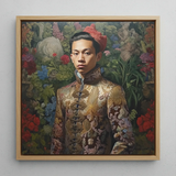 Prince Chakri - Thai Gay Royalty Framed Canvas, 12x12’’ / 31x31cm / Natural Floating Frame, Framed Oil Painting Young Man Ornate Gold Jacket