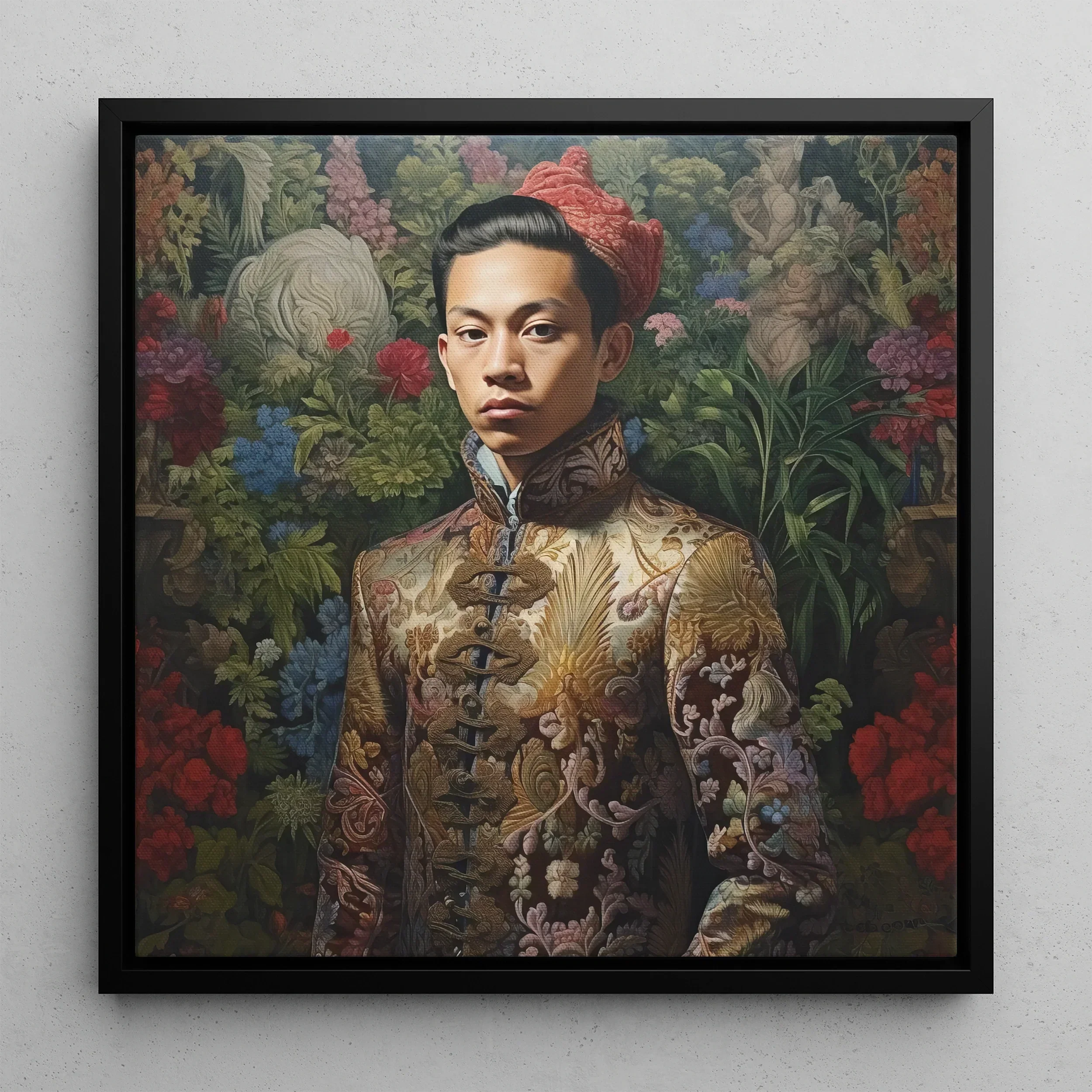 Prince Chakri Thai Gay Royalty Framed Canvas, Portrait Young Asian Man Ornate Embroidered Jacket Red