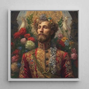 Prince Fyodor - Gay Russian Royalty Art Framed Canvas, 12x12’’ / 31x31cm / White Floating Frame, Framed Portrait Regal Man Adorned Flowers