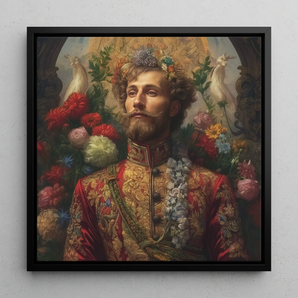 Prince Fyodor - Gay Russian Royalty Art Framed Canvas, 12x12’’ / 31x31cm / Black Floating Frame, Ornate Portrait Bearded Man Regal Attire