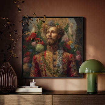 Prince Fyodor - Gay Russian Royalty Art Framed Canvas, Framed Portrait Bearded Man Flowers Foliage Head Shoulders