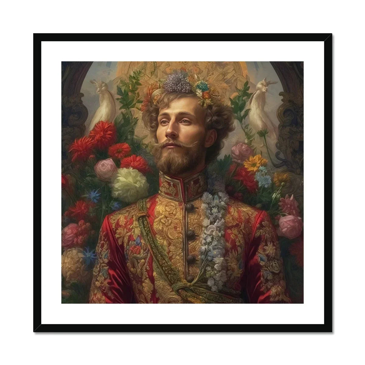 Prince Fyodor Russian Gay Royalty Art Print, Bearded Figure Ornate Red Gold Embroidered Jacket Floral