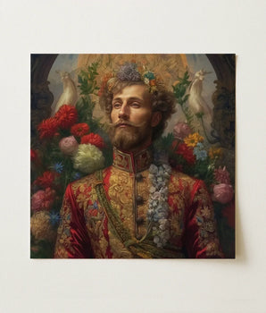 Richly Embroidered Portrait Print Man Ornate Red Gold Prince Fyodor, Itty-bitty Pretty Committee, Baroque Gay Princes