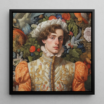 Prince Hugo - Gay German Royalty Framed Canvas, 12x12’’ / 31x31cm / Black Floating Frame, Portrait Young Person Ornate Renaissance-style