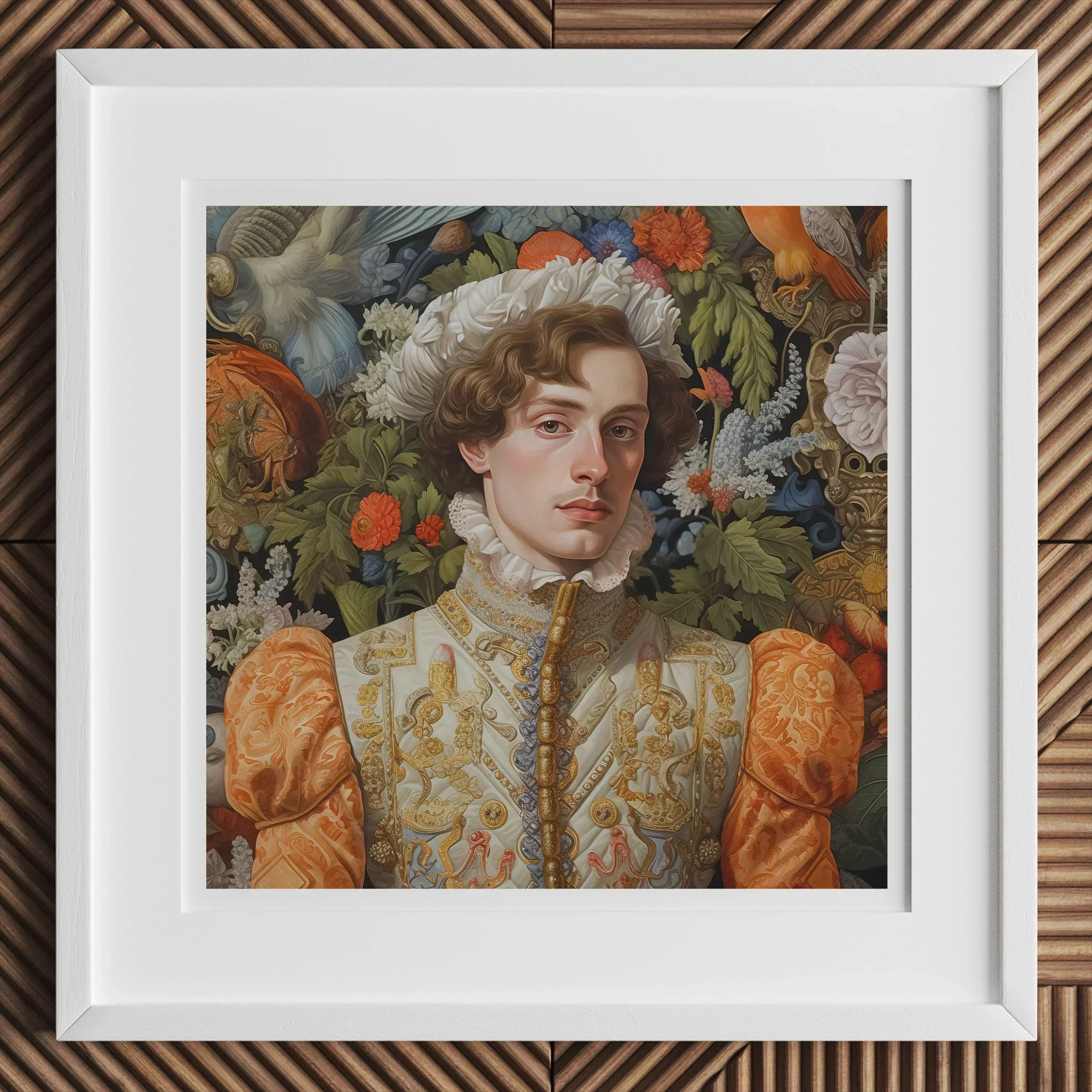 Prince Hugo - German Gay Royalty Art Print, 12x12’’ / 31x31cm / White Frame, Framed Renaissance-style Portrait Ornate Orange Cream Colored