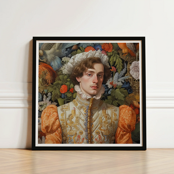Framed Portrait Man Ornate Gold-embroidered Attire Puffed Orange Prince Hugo, Itty-bitty Pretty Committee, Baroque Gay Princes