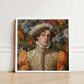 Framed Portrait Man Ornate Gold-embroidered Attire Puffed Orange Prince Hugo, Itty-bitty Pretty Committee, Baroque Gay Princes