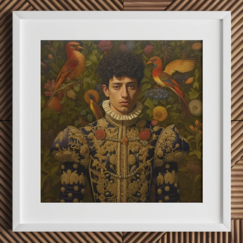 Prince Ignacio - Gay Spanish Royalty Art Print / Canvas Royal Blue Gold Ornate Jacket Red Birds Shoulders Prince Ignacio, Itty-bitty Pretty