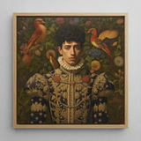 Prince Ignacio - Spanish Gay Royalty Framed Canvas, 12x12’’ / 31x31cm / Natural Floating Frame, Framed Painting Person Ornate Attire Birds