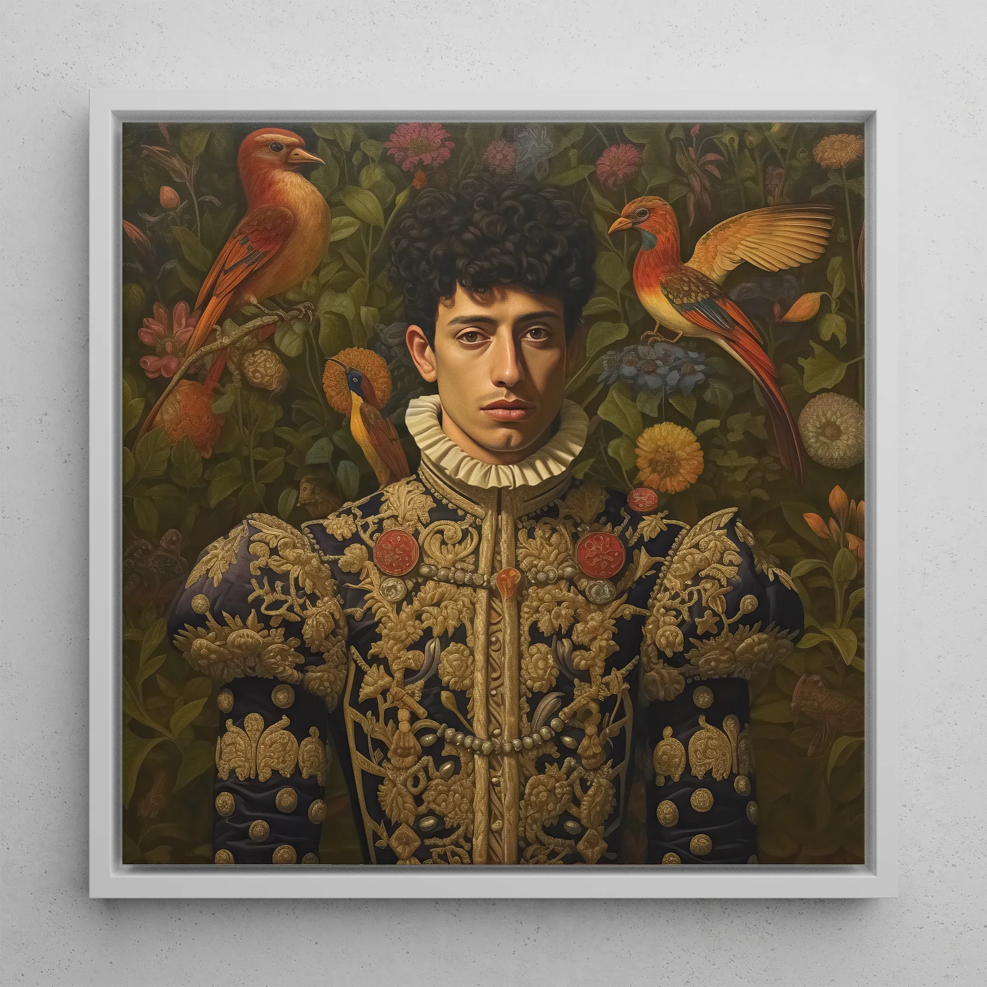 Prince Ignacio - Spanish Gay Royalty Framed Canvas, Framed Portrait Man Renaissance Attire Birds