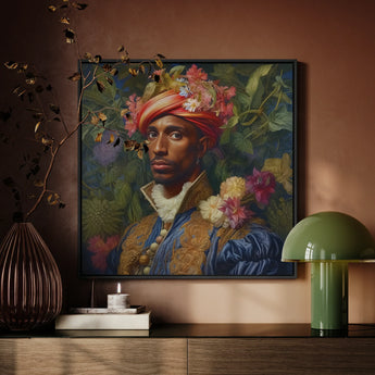 Prince Isaiah - Black Gay Royalty Baroque Art Print / Canvas Vibrant Framed Portrait Man Adorned Colorful Flowers Ornate Prince Isaiah,