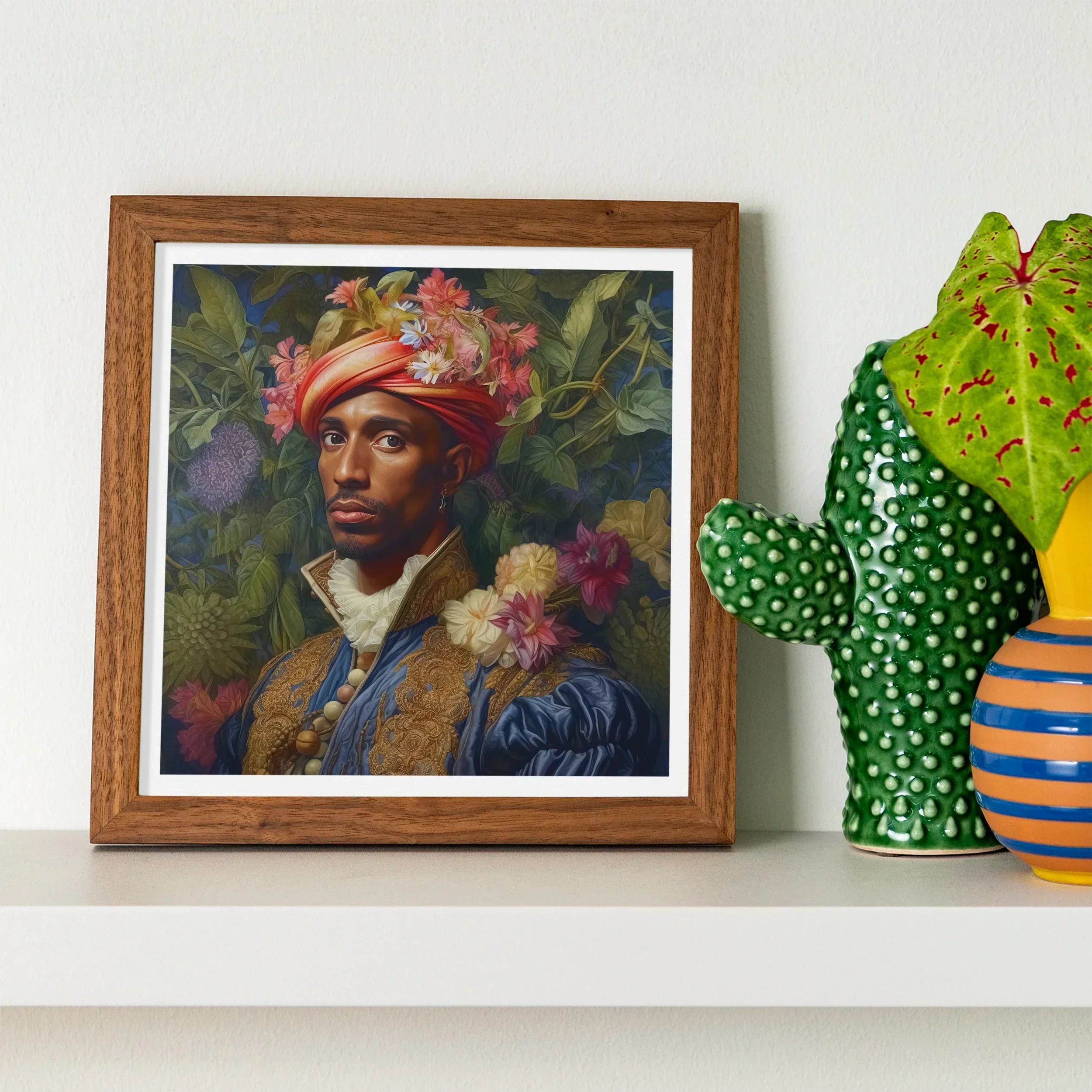 Prince Isaiah - Black Gay Royalty Baroque Art Print, Framed Portrait Painting Figure Floral-adorned Headpiece Blue Clothing