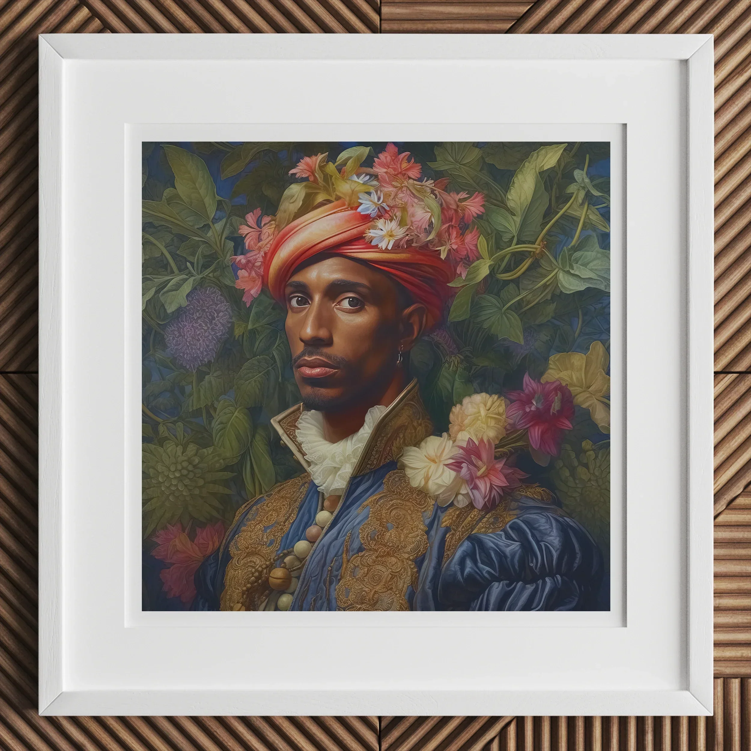 Prince Isaiah Black Gay Royalty Baroque Art Print, Framed Portrait Painting Ornate Renaissance Style Clothing Floral Adorned Turban