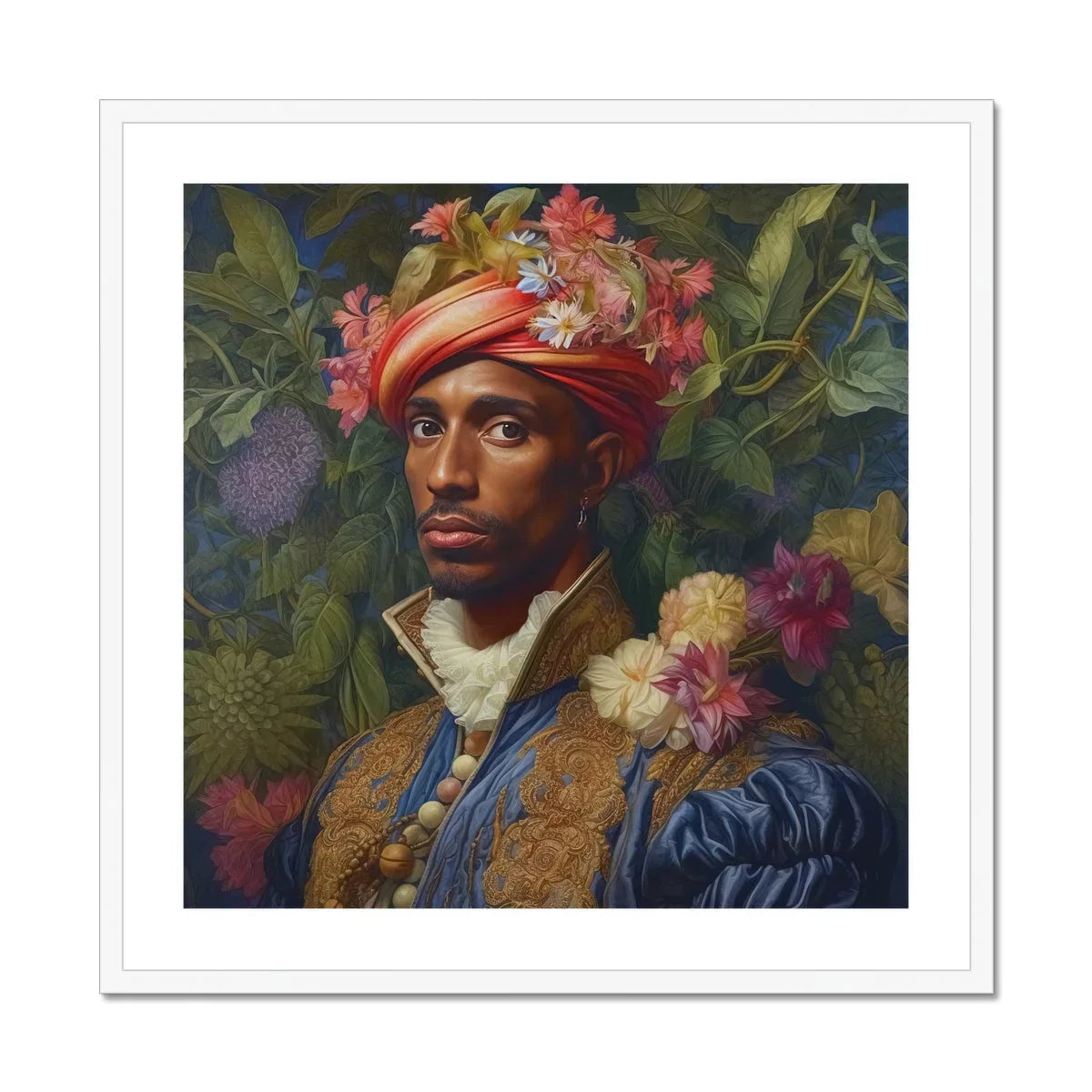 Prince Isaiah - Black Gay Royalty Baroque Art Print, Portrait Painting Renaissance Style Individual Ornate Floral Headdress