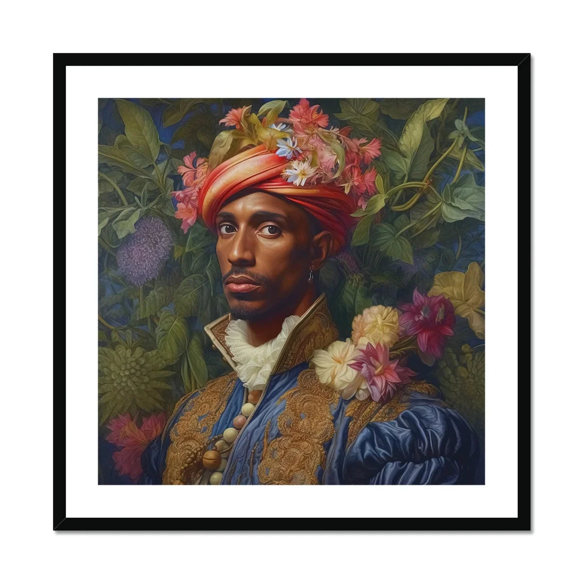 Prince Isaiah Black Gay Royalty Baroque Art Print, Portrait Painting Renaissance Style Person Ornate Floral Headdress