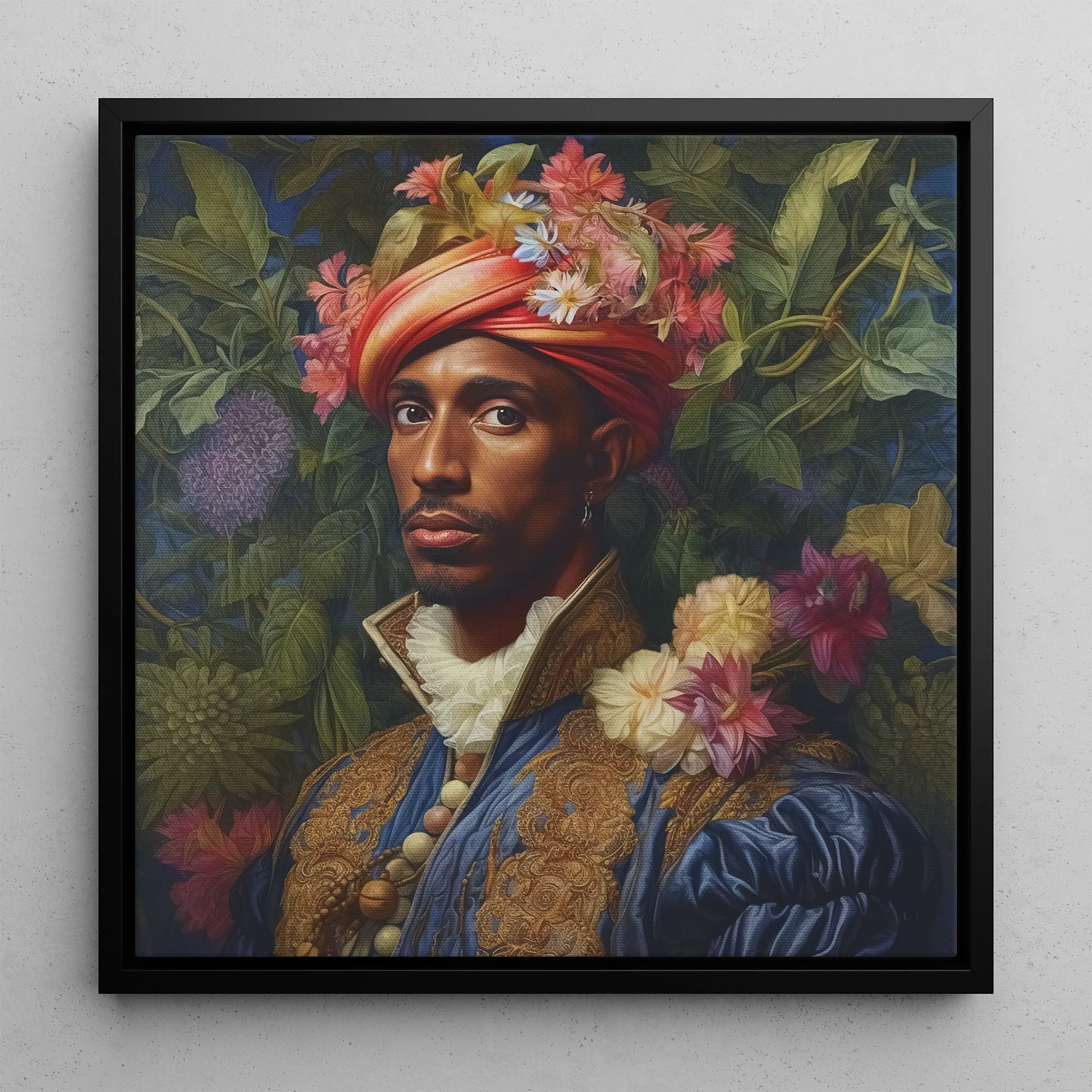 Prince Isaiah - Gay Black Royalty Art Framed Canvas, Portrait Person Ornate Floral Headdress Richly Embroidered Clothing