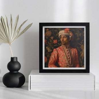 Prince Kaniyan - Tamil Gay Royalty Baroque Art Print, Framed Portrait Person Ornate Traditional Indian Attire Floral