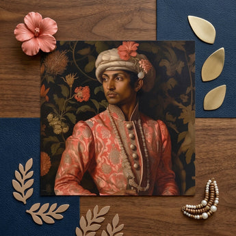 Prince Kaniyan - Tamil Gay Royalty Baroque Art Print / Canvas Portrait Man Ornate Coral Gold Patterned Attire Turban Prince Kaniyan,