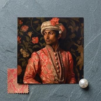 Prince Kaniyan - Tamil Gay Royalty Baroque Art Print / Canvas Square-framed Portrait Man Ornate Red Gold Patterned Attire, Itty-bitty