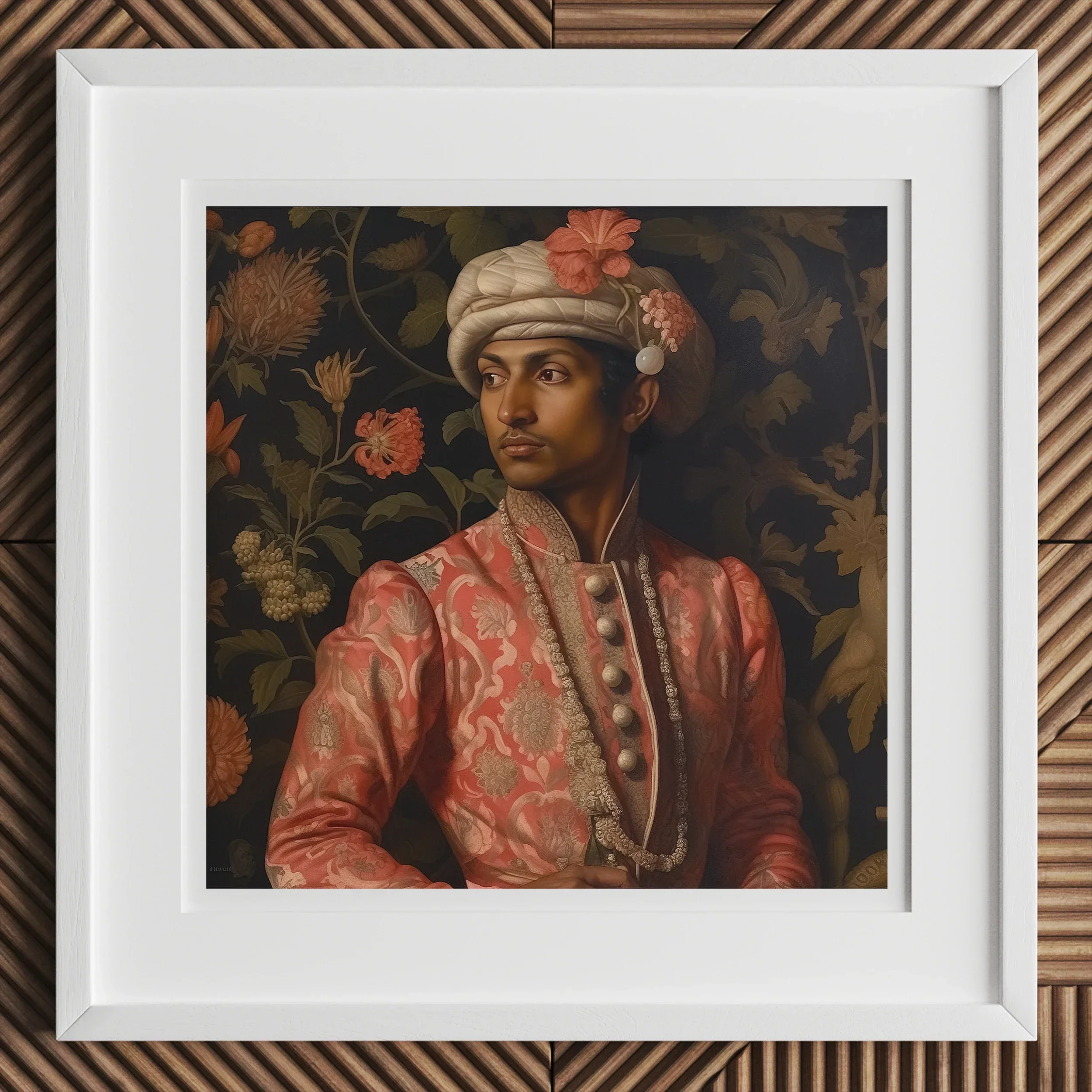 Prince Kaniyan Tamil Gay Royalty Baroque Art Print, Framed Portrait Painting Person Ornate Coral Colored Brocade Jacket