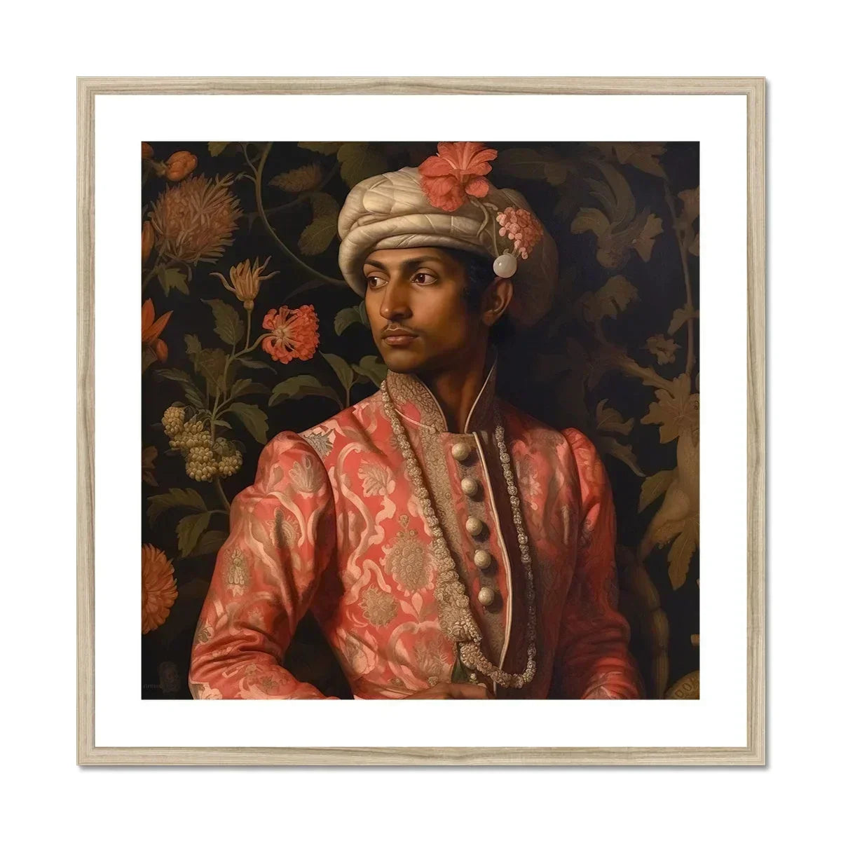 Prince Kaniyan Tamil Gay Royalty Baroque Art Print, Portrait Figure Ornate Pink Brocade Jacket White Turban