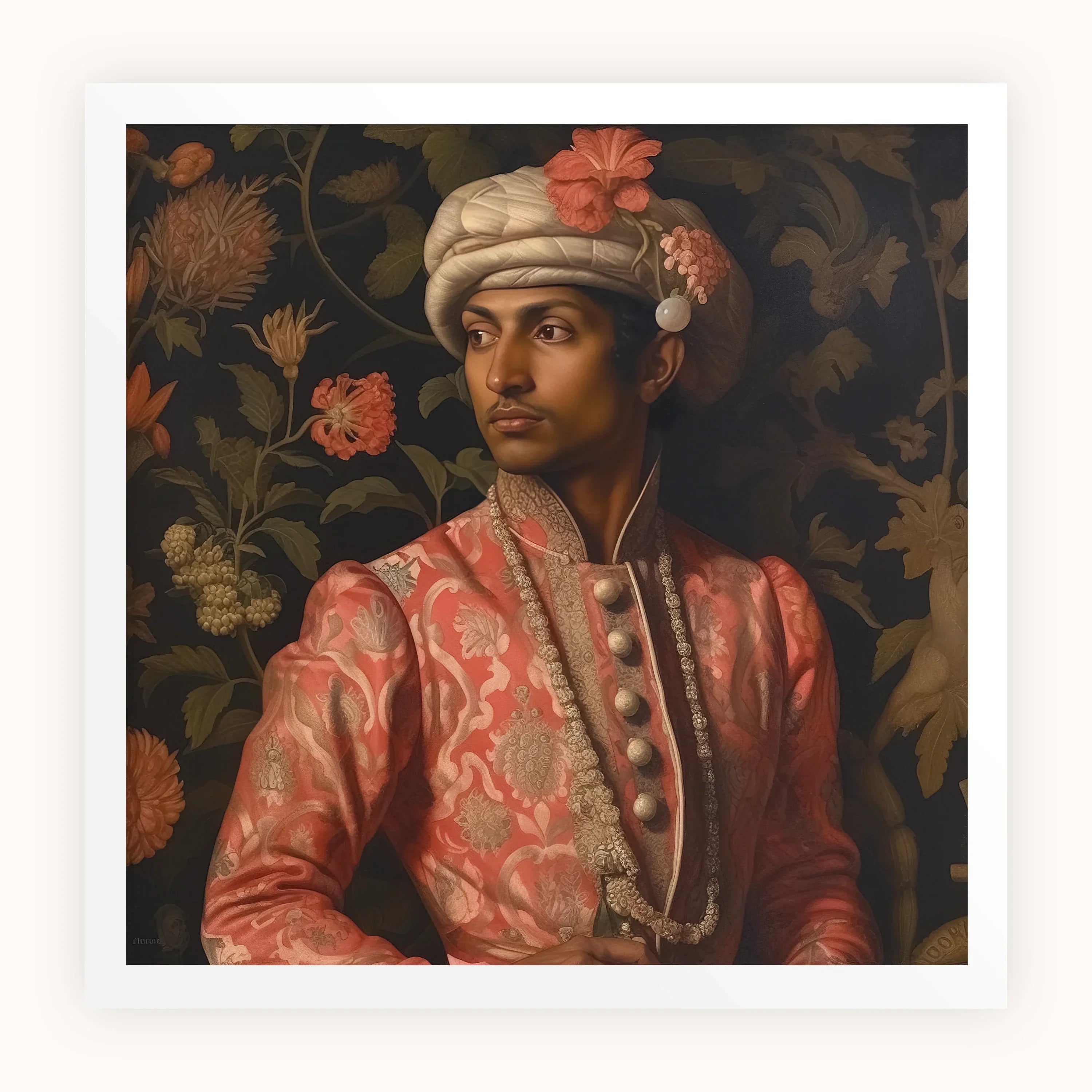 Prince Kaniyan - Tamil Gay Royalty Baroque Art Print, Portrait Person Ornate Coral-colored Brocade Jacket Decorated