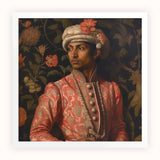 Prince Kaniyan - Tamil Gay Royalty Baroque Art Print, Portrait Person Ornate Coral-colored Brocade Jacket Decorated Turban