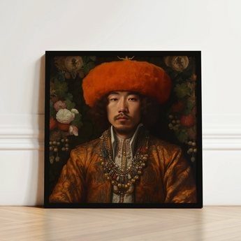 Framed Portrait Man Ornate Golden-brown Embroidered Attire Orange Prince Khaliun, Mongolian Gaysian Royalty, Baroque Gay Princes
