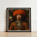 Framed Portrait Man Ornate Golden-brown Embroidered Attire Orange Prince Khaliun, Mongolian Gaysian Royalty, Baroque Gay Princes