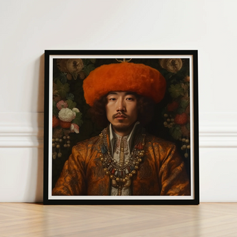 Framed Portrait Man Ornate Golden-brown Embroidered Attire Orange Prince Khaliun, Mongolian Gaysian Royalty, Baroque Gay Princes