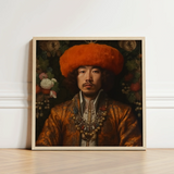 Framed Portrait Man Ornate Golden-brown Embroidered Attire Orange Prince Khaliun, Mongolian Gaysian Royalty, Baroque Gay Princes